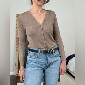 Vintage Express Tricot Tan Silk Ribbed Button-Up Cardigan